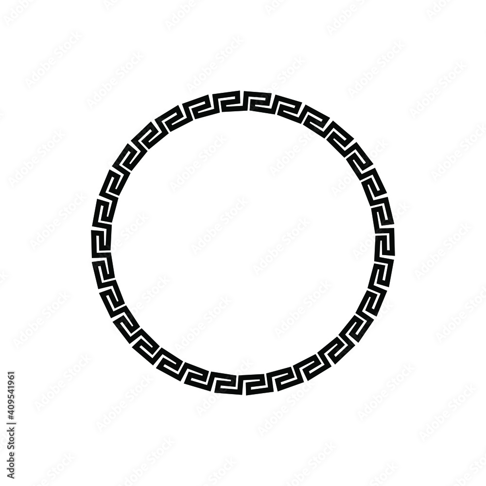 Black and white circular frame with Ancient Greek ornament pattern vector. Template for printing cards, invitations, books, for textiles, engraving, wooden furniture, forging. Vector illustration Black and white circular frame with Ancient Greek ornament pattern vector. Template for printing cards, invitations, books, for textiles, engraving, wooden furniture, forging. Vector illustration
