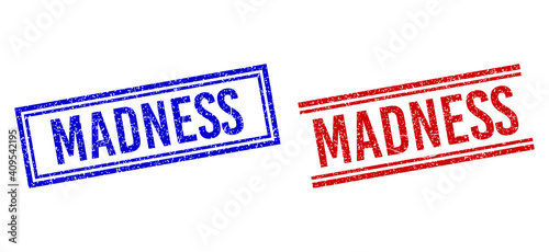 MADNESS seal watermarks with distress effect. Vectors designed with double lines, in blue and red colors. Label placed inside double rectangle frame and parallel lines.