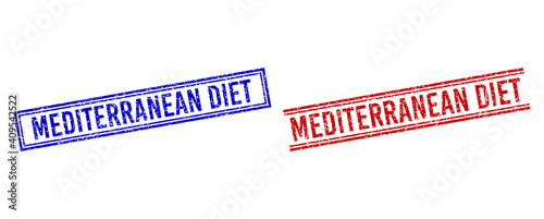 MEDITERRANEAN DIET seal overlays with grunge style. Vectors designed with double lines, in blue and red variants. Caption placed inside double rectangle frame and parallel lines.