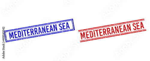 MEDITERRANEAN SEA rubber imprints with distress style. Vectors designed with double lines, in blue and red versions. Word placed inside double rectangle frame and parallel lines.