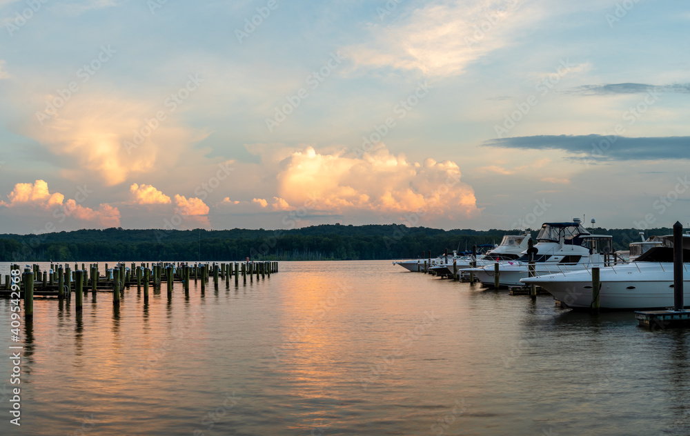 Marina at Sunset with Golden Clouds on Calm Water on the Potomac River, Maryland