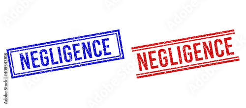 NEGLIGENCE rubber imitations with grunge style. Vectors designed with double lines, in blue and red colors. Phrase placed inside double rectangle frame and parallel lines.