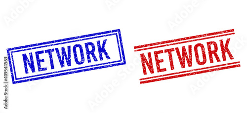 NETWORK stamp seal imitations with grunge texture. Vectors designed with double lines, in blue and red colors. Label placed inside double rectangle frame and parallel lines.