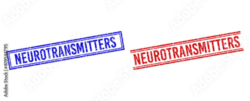 NEUROTRANSMITTERS rubber overlays with distress style. Vectors designed with double lines, in blue and red variants. Tag placed inside double rectangle frame and parallel lines.