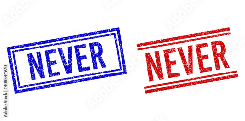 NEVER rubber watermarks with grunge effect. Vectors designed with double lines, in blue and red versions. Text placed inside double rectangle frame and parallel lines.
