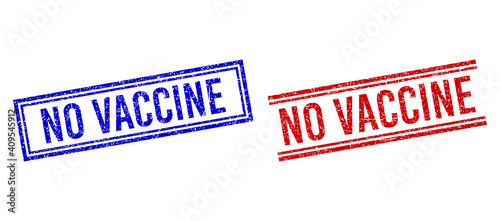 NO VACCINE rubber imitations with grunge style. Vectors designed with double lines, in blue and red variants. Caption placed inside double rectangle frame and parallel lines.