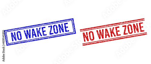 NO WAKE ZONE rubber watermarks with grunge texture. Vectors designed with double lines, in blue and red colors. Text placed inside double rectangle frame and parallel lines.