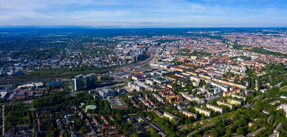 Aerial view of the city Munich in Germany, Bavaria on a sunny spring morning. 