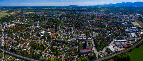 Aerial view of the city Rosenheim in Germany, Bavaria on a sunny spring day 