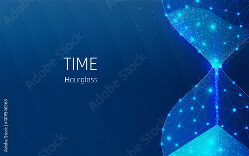 hourglass as a symbol of keeping time . deadline concept. glass flask with sand inside .Time, countdown. vector illustration, triangle, plexus, low poly, looks like constellation  blue background, dot