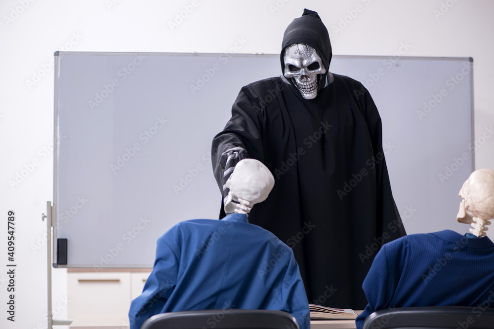 Funny business meeting with devil and skeletons