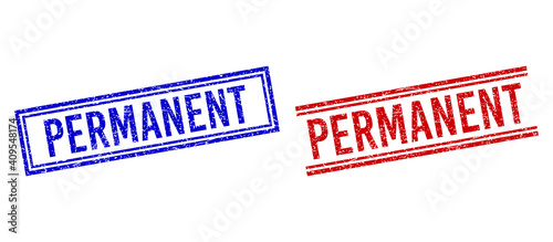 PERMANENT rubber overlays with distress texture. Vectors designed with double lines, in blue and red colors. Label placed inside double rectangle frame and parallel lines.