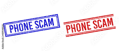 PHONE SCAM rubber watermarks with distress texture. Vectors designed with double lines, in blue and red colors. Tag placed inside double rectangle frame and parallel lines.