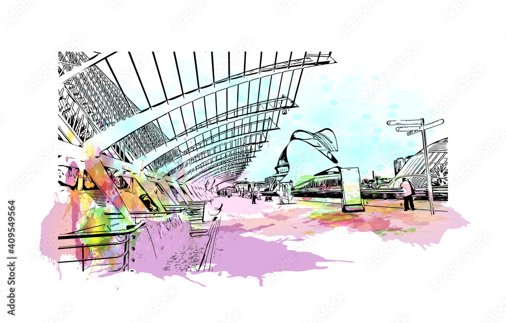 Building view with landmark of Valencia is a city in Spain.
Watercolor splash with hand drawn sketch illustration in vector.