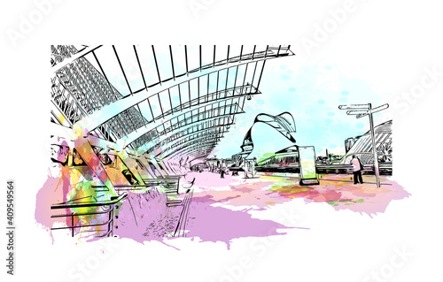 Obraz na płótnie Building view with landmark of Valencia is a city in Spain.
Watercolor splash with hand drawn sketch illustration in vector. w salonie