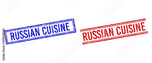 RUSSIAN CUISINE seal imitations with distress texture. Vectors designed with double lines, in blue and red colors. Label placed inside double rectangle frame and parallel lines.