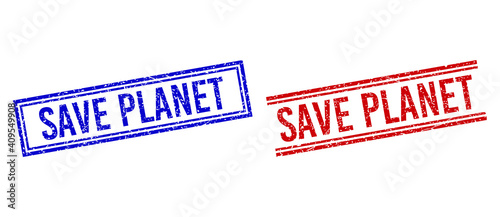 SAVE PLANET rubber watermarks with grunge texture. Vectors designed with double lines, in blue and red versions. Text placed inside double rectangle frame and parallel lines.