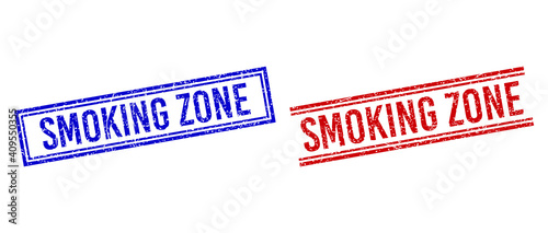 SMOKING ZONE rubber watermarks with grunge style. Vectors designed with double lines, in blue and red colors. Word placed inside double rectangle frame and parallel lines.