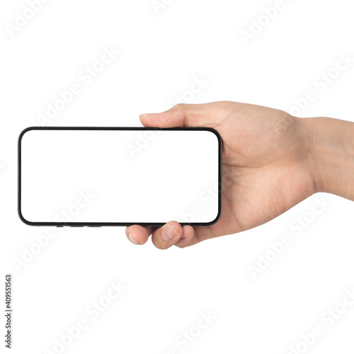 Man hand holding the black smartphone with blank screen isolated on white background with clipping path, Can use mock-up for your application or website design project.