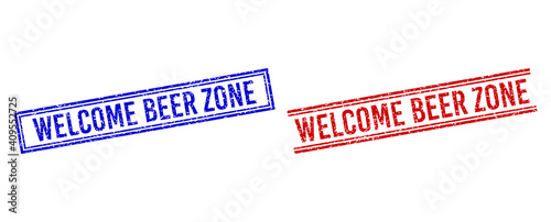 WELCOME BEER ZONE seal watermarks with distress style. Vectors designed with double lines, in blue and red versions. Caption placed inside double rectangle frame and parallel lines.
