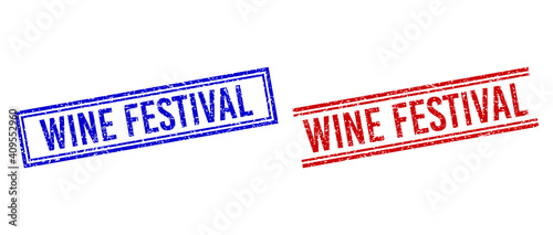 WINE FESTIVAL rubber overlays with distress style. Vectors designed with double lines, in blue and red colors. Tag placed inside double rectangle frame and parallel lines.