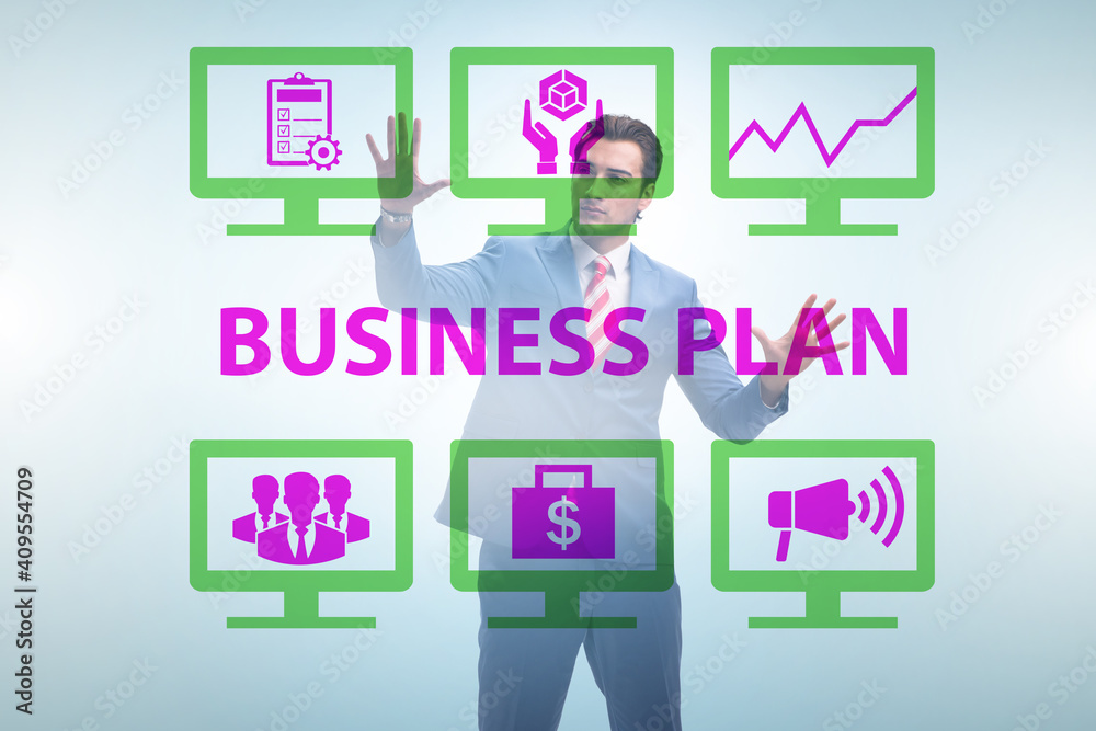 Business plan concept with businessman pressing button Business plan concept with businessman pressing button