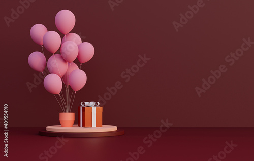 3d rendering. Podium or product stand with Pink balloon and gift box on red background with copy space. Valentine's day, Birthday, Advertise,