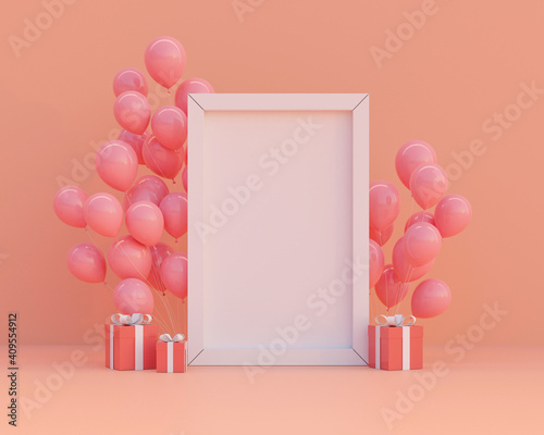 3d rendering. Balloon and gift box on pastel pink background with white frame copy space. Valentine's day, brithday, Scene mock up, presentation
