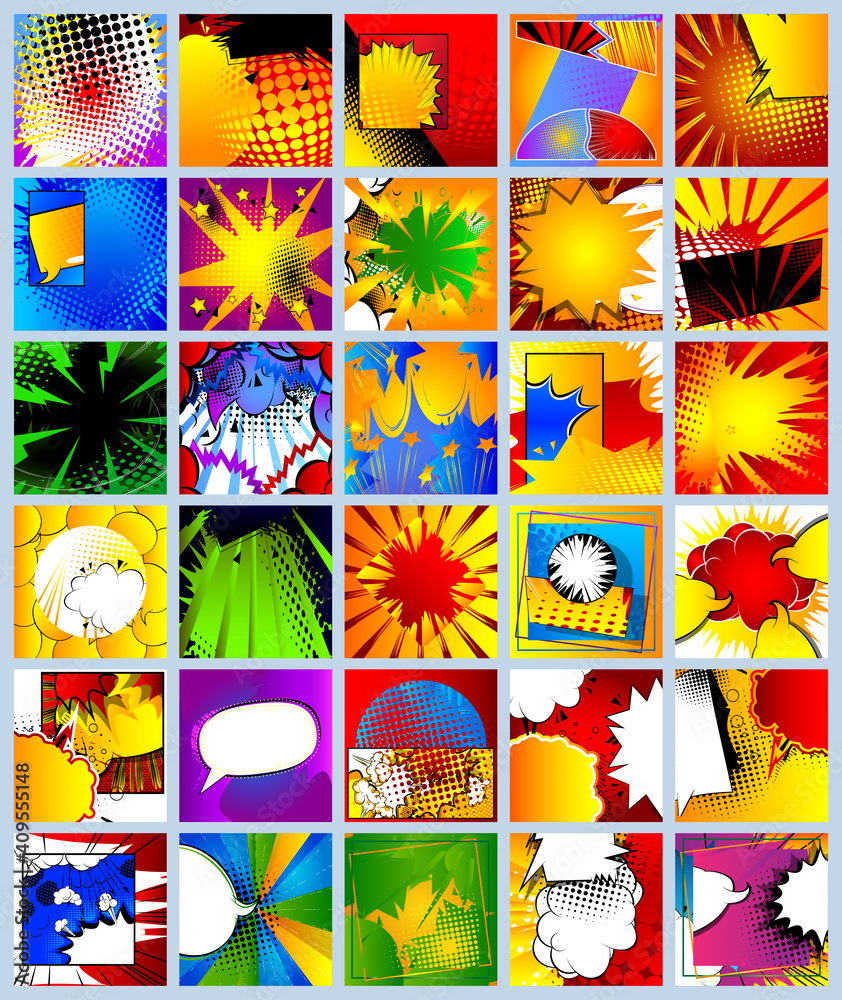 Huge set of comic book backgrounds. Abstract cartoon explosions. Retro style template.