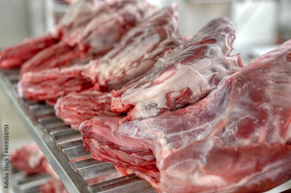 Calf carcasses lie on a metal shelf. Calf carcasses lie on a metal shelf.