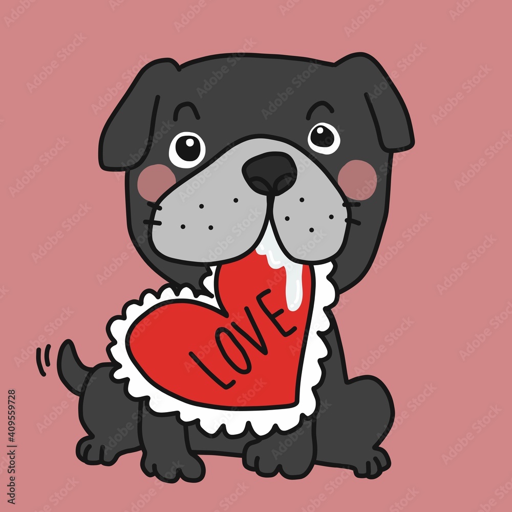 Fototapeta premium Black bull dog with love heart pillow cartoon vector illustration