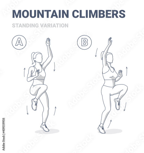 Standing Mountain Climbers Female Home Workout Exercise Guide. Girl in Sportswear Lifting Knees and Extending Arms.