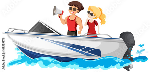 A couple standing on a speed boat isolated on white background