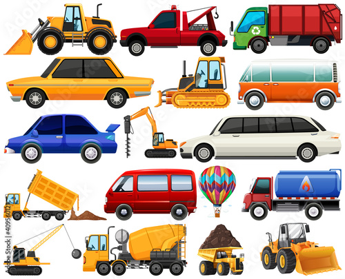 Set of different kind of cars and trucks isolated on white background