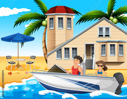 Beach scene with a couple driving a speedboat