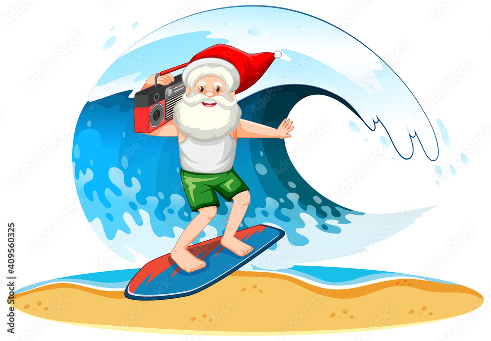 Naklejka premium Santa Claus surfing with wave in summer theme on white background