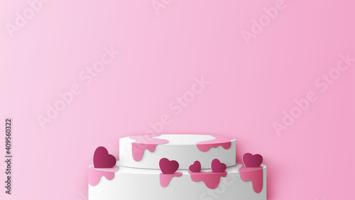 Valentine's stage podium scene decorated with Hearts and blank space. Valentine's cake topping with heart chocolate. paper cut and craft style. vector, illustration.