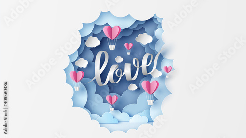 Ribbon calligraphy of Love with hot air balloon floating on cloudy sky background. Love Invitation card Valentine's day. paper cut and craft style. vector, illustration.