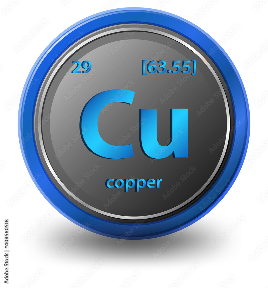 Copper chemical element. Chemical symbol with atomic number and atomic mass. Copper chemical element. Chemical symbol with atomic number and atomic mass.