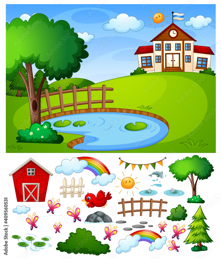 School scene with isolated cartoon character and objects