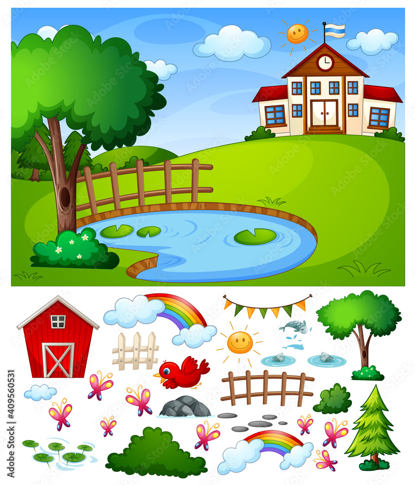School scene with isolated cartoon character and objects School scene with isolated cartoon character and objects