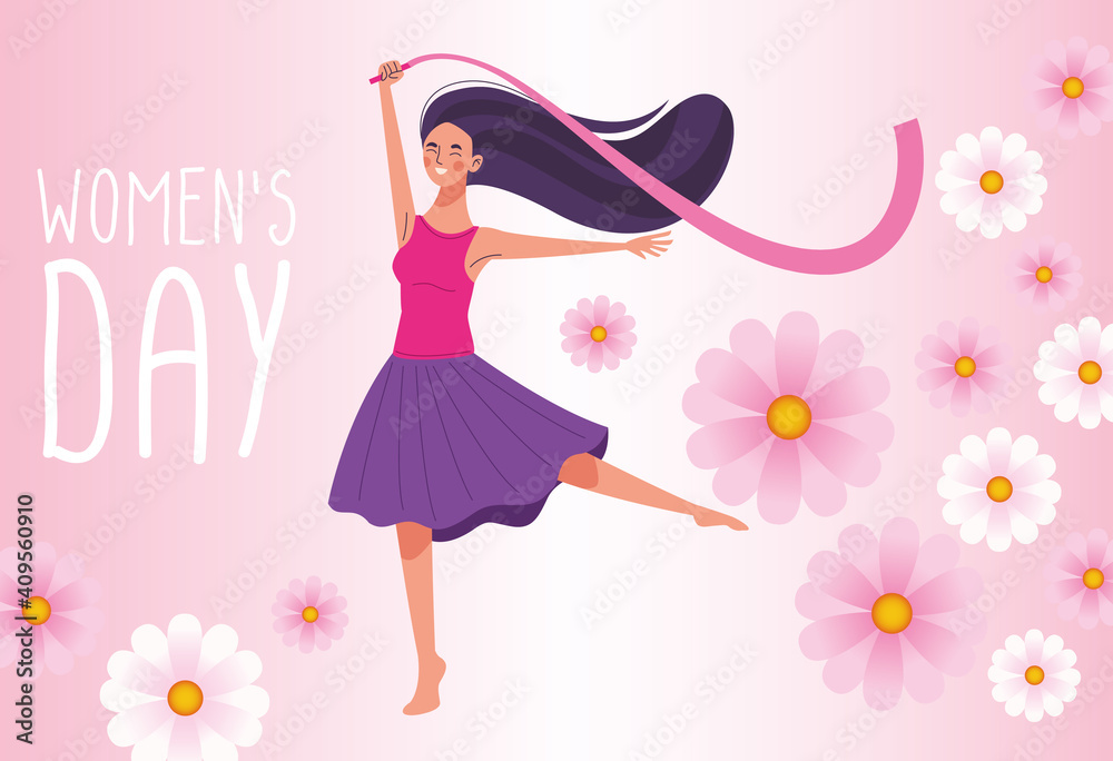 beautiful woman happy dancing with ribbon and womens day lettering beautiful woman happy dancing with ribbon and womens day lettering