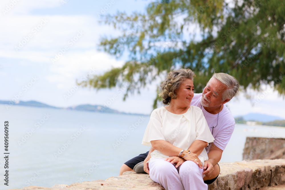 Asian senior couple on the beach