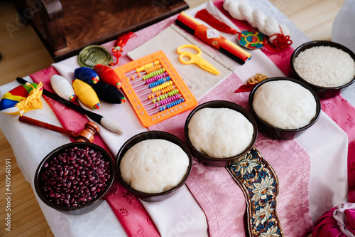 top view. table. Korean traditional holiday Doljanchi baby's first birthday, decoration. Asandi. observance of customs of their ancestors. work of decorator and organizer of event. fortune telling. photo