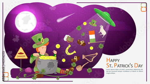 Flat illustration banner for the design of designs on the theme of the holiday of St. Patricks day A Ufo stole the holiday symbols from a guy in a leprechaun costume only a pot of coins remained