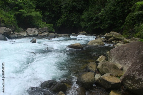 beautiful clear river flow in tropical forest. Central Java Province, Indonesia 