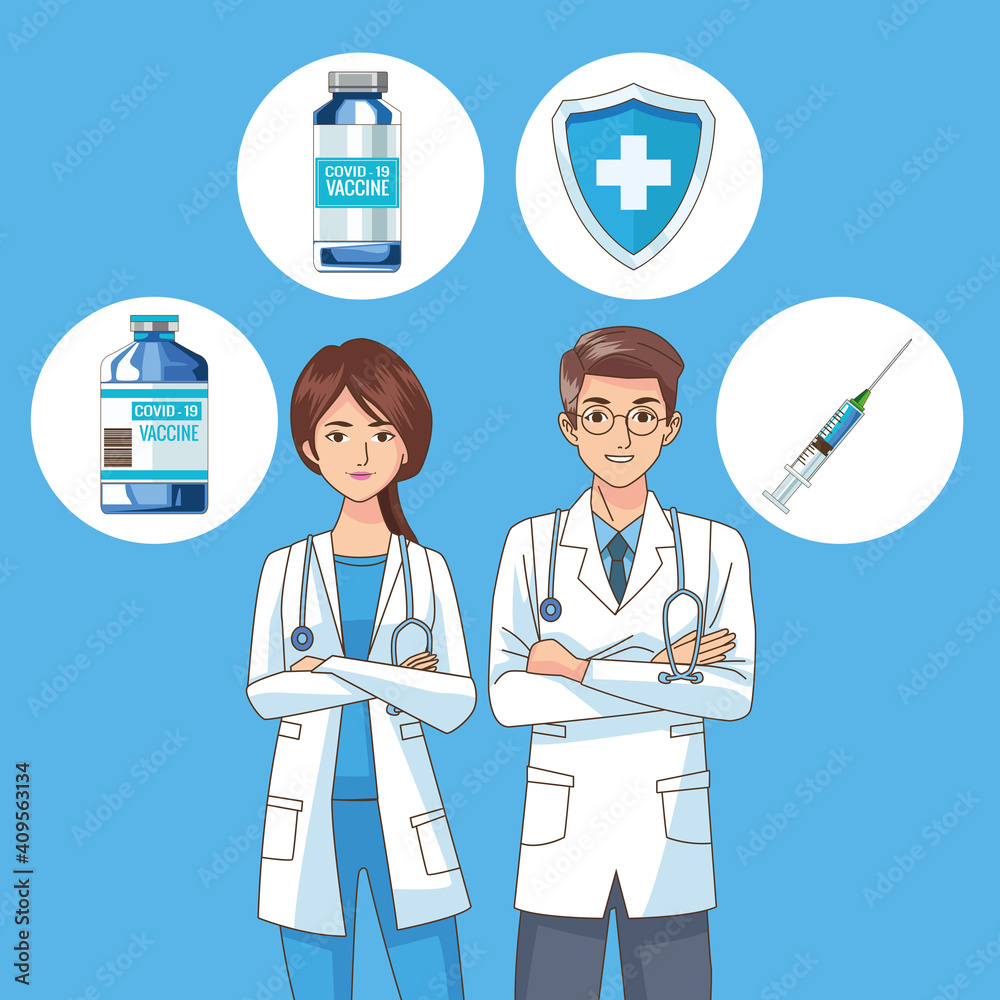doctors couple characters with covid19 vaccine icons doctors couple characters with covid19 vaccine icons