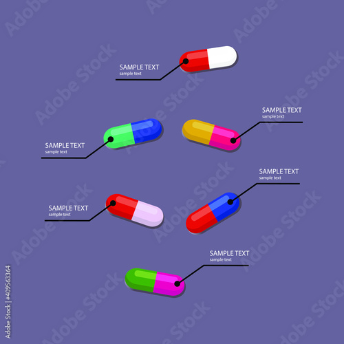 inforgraphic, set of medical capsule pills, drugs, created in different collors. Element of vector design for medical or pharmaceutics concept, inforgraphic with text to be added