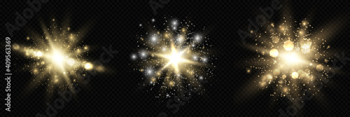 Collection of star burst glow with sparkles. Golden and silver light flare effect with sparkles and glitter isolated on transparent background. Vector illustration shiny glow star with stardust