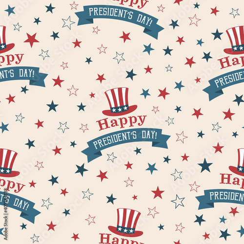 Presidents Day seamless pattern with hat of Uncle Sam and stars on beige background. Washingtons Birthday